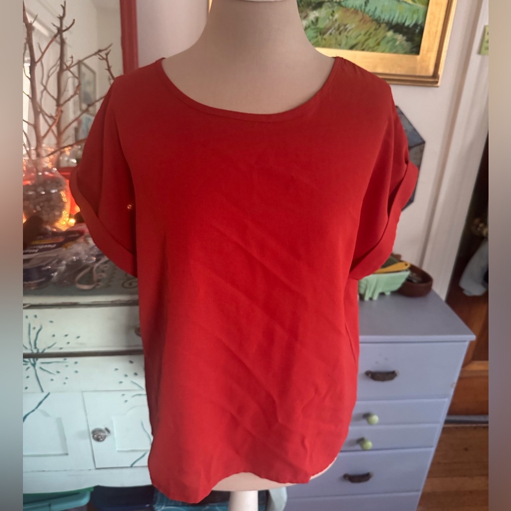 SHEIN Vibrant Rust Short Sleeve Blouse M Dressy Flowy Workwear VGUC